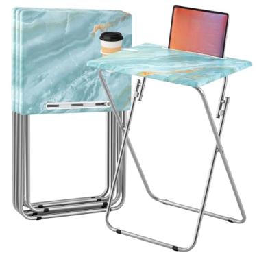 Imagem de Sintuff 4 bandejas de TV, mesa dobrável com suporte para copos, mesas de lanche portátil, bandeja de jantar resistente, lateral dobrável para sala de estar, sofá e sofá (azul)