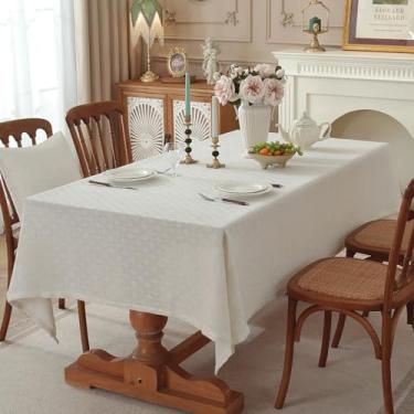 Imagem de Toalha de mesa de linho natural, toalha de mesa retangular estilo fazenda, tecido jacquard texturizado, capa de mesa lavável para mesa de jantar, cozinha de fazenda (trama de diamante rústico, 213 x