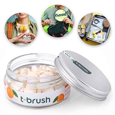 Imagem de t-brush Pastilhas de creme dental branqueadoras de nova geração – ingredientes naturais, sem SLS, sem glúten, sem crueldade, embalagem ecológica, vegana – viagem – 90 comprimidos (laranja, sem flúor)