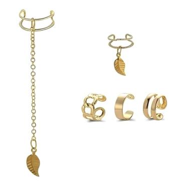 Imagem de Kit 5 Ear Cuff Feminino Dourado – Conjunto com Corrente e Pingente de Folha