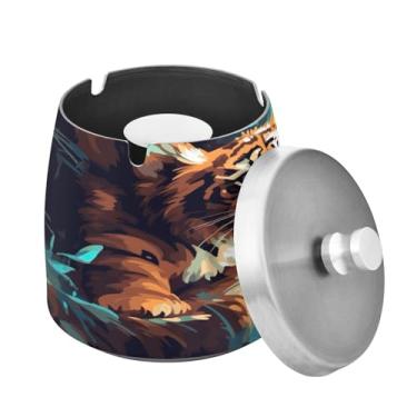 Imagem de Blueangle Cinzeiro de tigre borboleta com tampa para cigarros, à prova de vento/chuva, aço inoxidável, sem fumaça, inodoro, cinzeiro para uso interno ou externo (457)