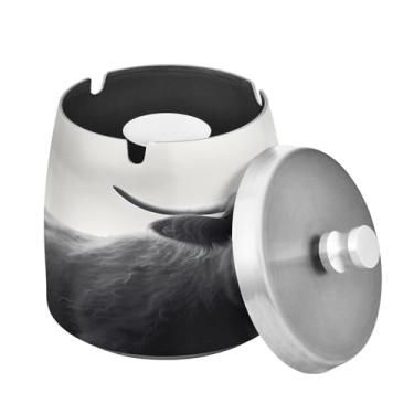 Imagem de Blueangle Cinzeiro engraçado de vaca Highland com tampa para cigarros, à prova de vento/chuva, aço inoxidável, sem fumaça, inodoro, cinzeiro para uso interno ou externo (174)