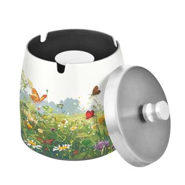 Imagem de Blueangle Cinzeiro de flores silvestres em aquarela com tampa para cigarros, à prova de vento/chuva, aço inoxidável, sem fumaça, inodoro, cinzeiro para uso interno ou externo (336)