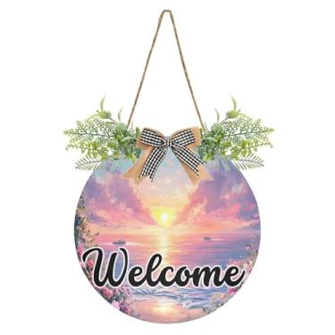 Imagem de SEHANY Placa de boas-vindas de flores e mar, decoração de porta da frente, guirlanda de boas-vindas redonda para decoração de casa de fazenda, varanda e pátio, 30 x 30 cm