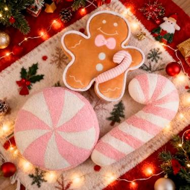 Imagem de Travesseiros de doces para homem de gengibre de Natal - 3 peças de almofadas de pelúcia em forma de bengala, rosa e branco, para decoração de casa, sofá, quarto, linda almofada de pelúcia para