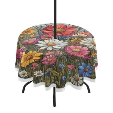 Imagem de ATTX Toalha de mesa redonda colorida de flores silvestres ao ar livre – 152 cm, impermeável, à prova de derramamento, uso interno/externo, com orifício para guarda-chuva com zíper para acampamento