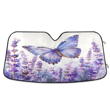Imagem de ATTX Para-brisa de carro lavanda e borboleta 139.7 cm x 70.1 cm Protetor solar universal com proteção UV, persiana de janela frontal automática dobrável para caminhões Sedans SUVs #663
