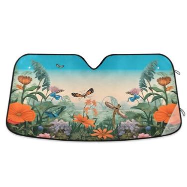 Imagem de ATTX Para-brisa de carro com flores coloridas Dragonflies 139.7 cm x 70.1 cm Protetor solar universal com proteção UV, persiana de janela frontal automática dobrável para caminhões Sedans SUVs #799