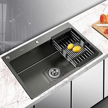 Imagem de HGTRH Pia de cozinha preta com torneira, pia embutida com escorredor de drenagem, pia de cozinha sem transbordamento pia de cozinha com conjunto dispensador de sabão sifão montagem sobre superfície