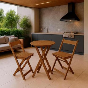Imagem de Kit Bistrô Redondo Eucalipto Dobrável com 2 Banqueta Madeira cor: Mel 
