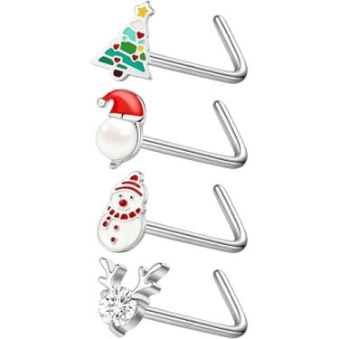Imagem de PunkTracker 4 peças de anéis de nariz de Natal de 20 g em forma de L 7 mm Papai Noel árvore boneco de neve piercing de nariz de rena joia de aço cirúrgico 316L sem piercing de nariz para mulheres e