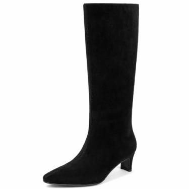 Imagem de Tscoyuki Botas de cano alto femininas gatinho salto baixo bico quadrado botas altas com zíper lateral couro vegano salto longo botas de outono para escritório, encontros, festas, trabalho, moda
