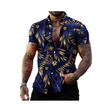 Imagem de Camisa Masculina Estilo Havaiano Com Estampa De Flores Pretas E Dourad
