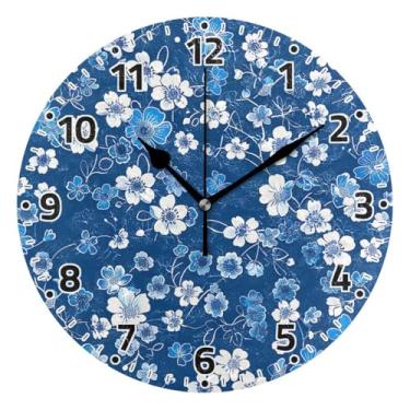 Imagem de WELLDAY Relógio de parede sem tique-taque 25,4 cm - flores pequenas azul operado por bateria quartzo silencioso relógio redondo para casa/escritório/cozinha/sala de aula