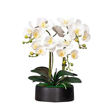 Imagem de LMJYU Flores artificiais de orquídea em vaso bonsai Phalaenopsis planta falsa para decoração de arranjos branco