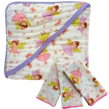 Imagem de Kit Bebê Completo Toalha de Banho Soft com Capuz + 3 Paninhos de Boca 100% Algodão (Fada)