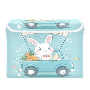 Imagem de Wassud Cestas de armazenamento de Natal com tampas de desenho animado coelhinho da Páscoa caixotes dobráveis de tecido empilhável cestas de linho recipiente organizador de armário 42 x 32 x 30 cm