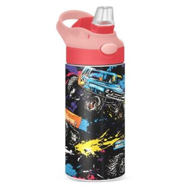 Imagem de CEBUGI Monster Trucks Garrafa de água infantil à prova de vazamento com canudo Garrafa de água isolada a vácuo de aço inoxidável para meninos e meninas