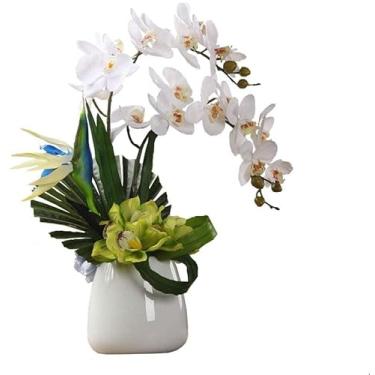 Imagem de LMJYU Flores artificiais flores artificiais com vaso, artificial Phalaenopsis bonsai flor falsa em vaso de cerâmica arranjo de orquídea branca flores falsas