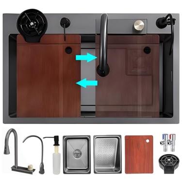 Imagem de PVXMQFFA Pia de cozinha de estação de trabalho com torneira de cachoeira, conjunto de tigela única de bacia de aço inoxidável doméstica, lavadora de panela de pressão, tábua de corte, cesta de