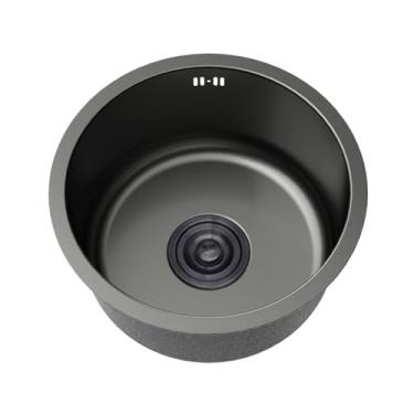Imagem de PVXMQFFA Mini pia de cozinha preta, pias pequenas redondas de aço inoxidável 304, pia de caravana de tigela única com encaixes de escorredor e transbordamento para bar, restaurante, montagem inferior