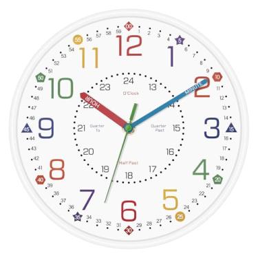 Imagem de Lumuasky Relógio de parede infantil de 25,4 cm - Relógio de ensino educativo silencioso sem tique-taque para paredes de sala de aula e quartos de crianças - Relógio analógico colorido com sistema de
