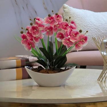 Imagem de Arranjo de Orquídea Artificial com Vaso Branco e Casca Polida Decorativa para Mesa e Escritório(Rosa Escuro)