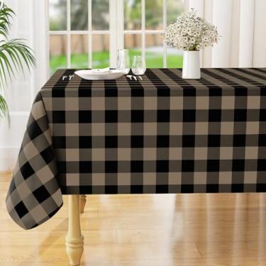 Imagem de misaya Toalha de mesa retangular de vinil impermeável, toalha de mesa de flanela de búfalo, capa de mesa de plástico limpável para jantar, cozinha, exterior (152 x 259 cm, preta e cáqui)