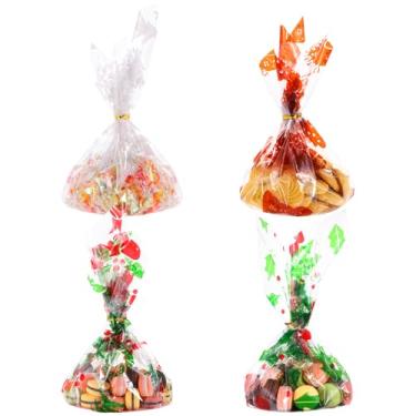 Imagem de Foxtell 48 sacos de bandeja de biscoito de celofane de Natal transparente para violoncelo 39,4 cm x 45,7 cm sacos de biscoito de Natal com laços torcidos para lembrancinhas de festa de Natal