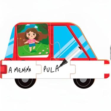 Imagem de Jogo Educativo de Alfabetização com Quebra-Cabeças, MDF, 32x35x7cm, 6 Quebra-Cabeças, 8 Cards, 2 Carrinhos, A partir de 4 Anos