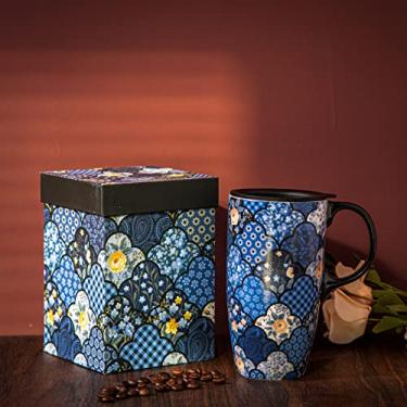 Imagem de Voltogar Caneca de cerâmica caneca de café de viagem com tampa e alça, 482 g de porcelana alta xícara de chá presente para casa e escritório, flor azul, 16,5 cm A