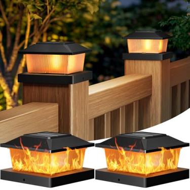 Imagem de btfarm Luzes de poste de chama solar 4 x 4 ao ar livre, 2 pacotes de luzes cintilantes de poste de cerca de deck de chama, iluminação solar à prova d'água, ajuste externo 10 x 10 9,5 x 9,5 cm de