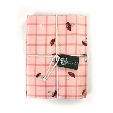 Imagem de Toalha Redonda Xadrez Rosé com Cogumelos P4TMR0037 - Pomar Decor