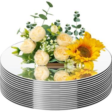 Imagem de Pacote com 15 peças centrais redondas espelhadas para decoração de mesas, centro de mesa de acrílico com espelho, bandeja de espelho, placa de vela para mesa de casamento, decorações de Natal