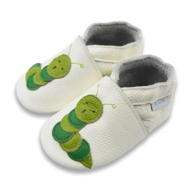 Imagem de Basrakids Sapatos De Bebê, Mocassins Couro Para Meninas E Meninos, Pantufas Com Sola Macia Antiderrapante, Leves Bebês Pequenos, Primeiros Passos (M, Branco + Verde, Caterpillar)