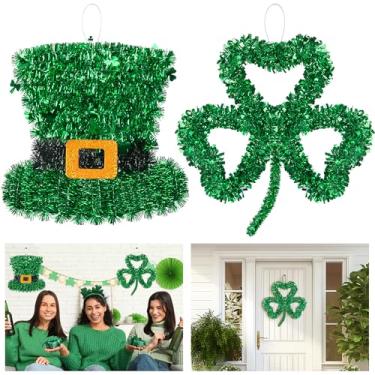 Imagem de Iceyyyy 2 peças de guirlanda de tinsel do dia de São Patrício, decoração de trevo de tinsel e chapéu de 28 cm, conjunto de guirlanda de enfeites verdes para decoração de parede de casa de festa