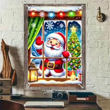 Imagem de BlissYard Capa de janela de Natal 78 x 129 cm, pano de fundo de Papai Noel, floco de neve, faixa de janela, painel de pendurar para decoração de árvore de Natal, caixa de presente, decoração de festa
