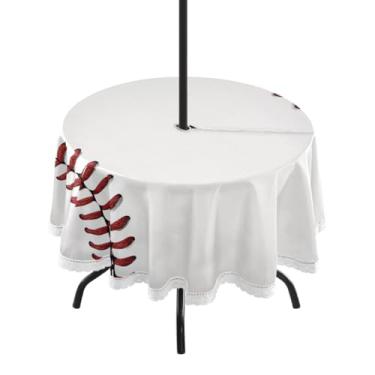 Imagem de Qilmy Toalha de mesa redonda impermeável com cadarço de beisebol de 152 cm com orifício para guarda-chuva e zíper – uso externo / interno resistente para pátio, churrascos, piqueniques, festas (serve