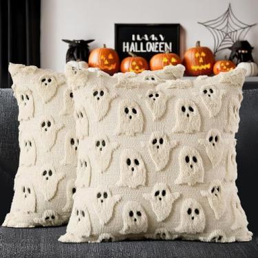 Imagem de MIULEE Capas de travesseiro de Halloween fantasma fofo conjunto de 2 capas de almofada decorativas de pele sintética de pelúcia macia para sofá, cama, varanda, sala de estar, decoração de Halloween