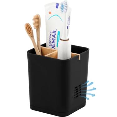 Imagem de Suportes de escova de dentes para banheiros, 3 compartimentos para escovação de dentes com divisórias de bambu, escova de dentes elétrica de plástico e organizador de pasta de dente para pia, balcão, chuveiro, penteadeira, preto