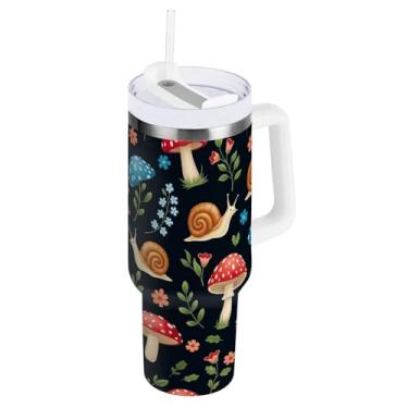 Imagem de Copo grande à prova de derramamento com palha, cogumelos caracóis com isolamento duplo com tampa e canudo