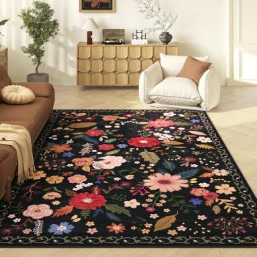 Imagem de ARKIIKI Tapete de sala de estar, 15 x 23 cm, lavável na máquina, boho, antiderrapante, floral, vintage, pilha baixa, tapetes grandes para sala de estar, quarto, casa de fazenda, sala de jantar (preto)