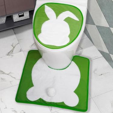 Imagem de Conjunto de tapetes de banheiro Coelhinho da Páscoa com tampa de vaso sanitário antiderrapante extra absorvente pelúcia chenille macio lavável conjunto de tapetes de banho e tapetes (verde)