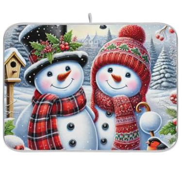Imagem de Tapetes de secagem de pratos de boneco de neve de inverno para balcão de cozinha, tapete de microfibra para café, escorredor de pratos absorvente para decoração de bancada de cozinha, 40,6 x 45,7 cm