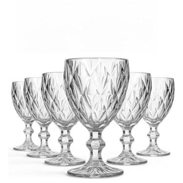 Imagem de Diamond Conjunto de 6 Taças de Vidro, 340ml, Transparente, Design Lapidado, Para Água, Vinho e Drinks, 16cm Altura, Base de 9cm