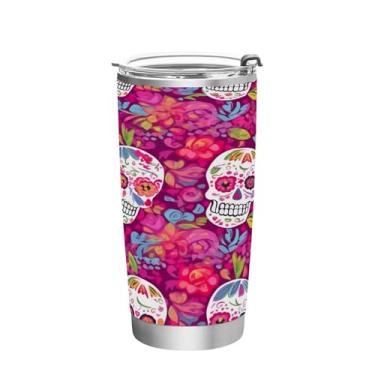 Imagem de Wassud Copo colorido com caveiras de açúcar com tampa e canudo de aço inoxidável de parede dupla copo isolado copo de viagem caneca de café para bebidas frias e quentes 590 ml
