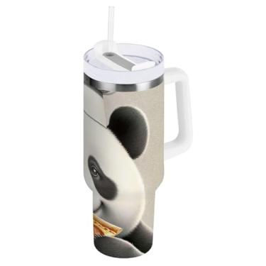 Imagem de ODAWA Copos isolados engraçados de pizza panda grande chef com alça e tampa de palha, copos isolados de aço inoxidável