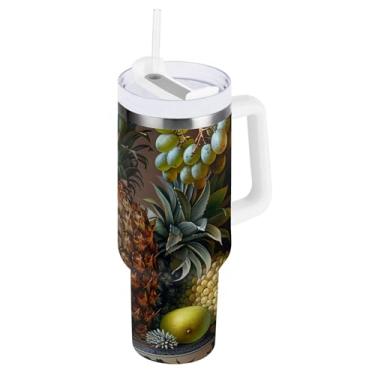 Imagem de ODAWA Copo grande de aço inoxidável isolado de frutas tropicais com canudo e alça copo com isolamento de queda