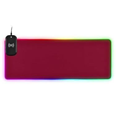 Imagem de Mouse pad grande de LED estendido para jogos RGB vermelho vinho com 14 modos de iluminação, mousepads de teclado de computador com carregamento rápido sem fio Qi de 15 W 80 × 28 centímetros