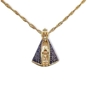 Imagem de Colar Feminino Nossa Senhora "Radiant Faith" – Cravejado com Zircônias Branca e Azul – Proteção Espiritual e Fé – 50cm – Acompanha Bolsa de Veludo